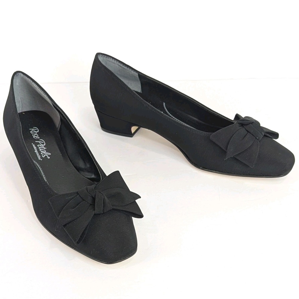 Rose Petals By Walking Cradles Dani Black Micro Pumps Size 7N Bow Career Heels - Picture 2 of 10